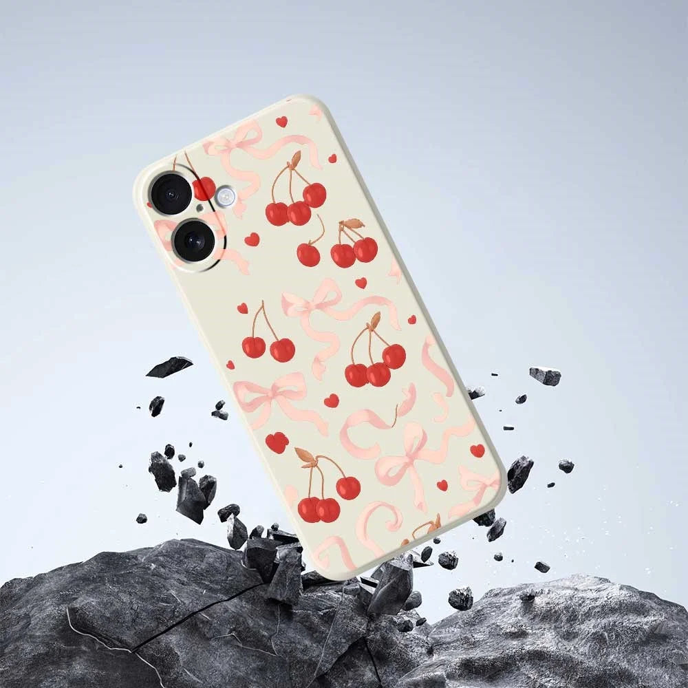 For iPhone 17 Case Big Bow Cherry Pattern Printing Straight Edge TPU Phone Back Cover - Beige - 7