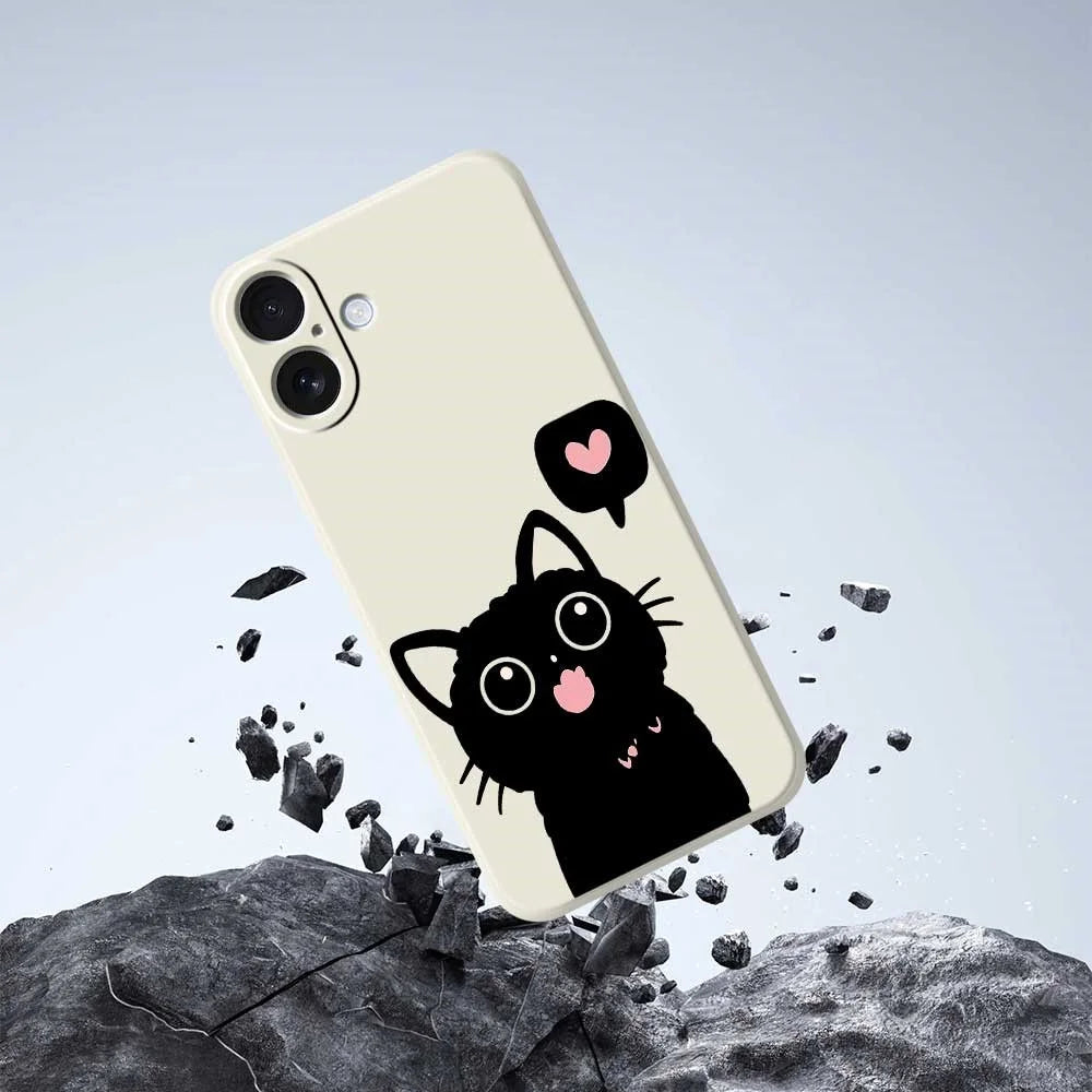 For iPhone 17 Case Love Black Cat Pattern Printing Straight Edge TPU Phone Back Cover - Beige - 7