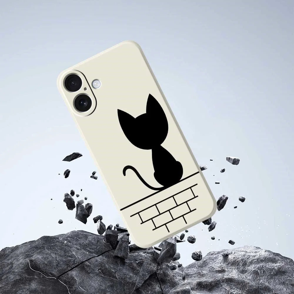 For iPhone 17 Case Black Cat on the Wall Pattern Printing Straight Edge TPU Phone Back Cover - Beige - 7