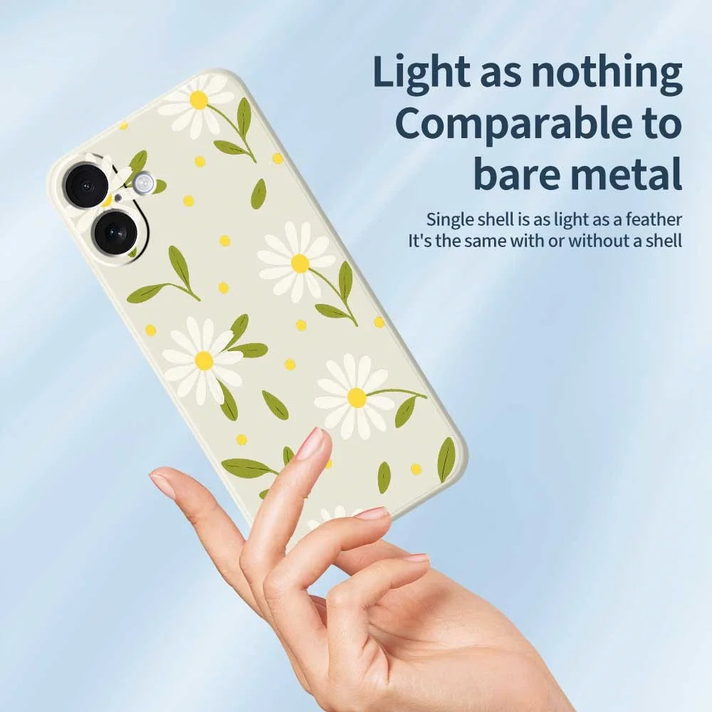 For iPhone 17 Case White Flowers Green Leaves Pattern Printing Straight Edge TPU Phone Back Cover - Beige - 4