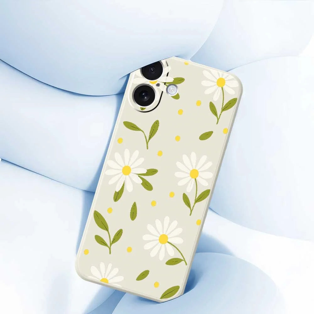 For iPhone 17 Case White Flowers Green Leaves Pattern Printing Straight Edge TPU Phone Back Cover - Beige - 5