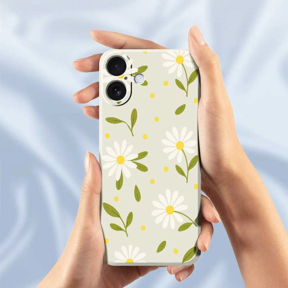 For iPhone 17 Case White Flowers Green Leaves Pattern Printing Straight Edge TPU Phone Back Cover - Beige - 6