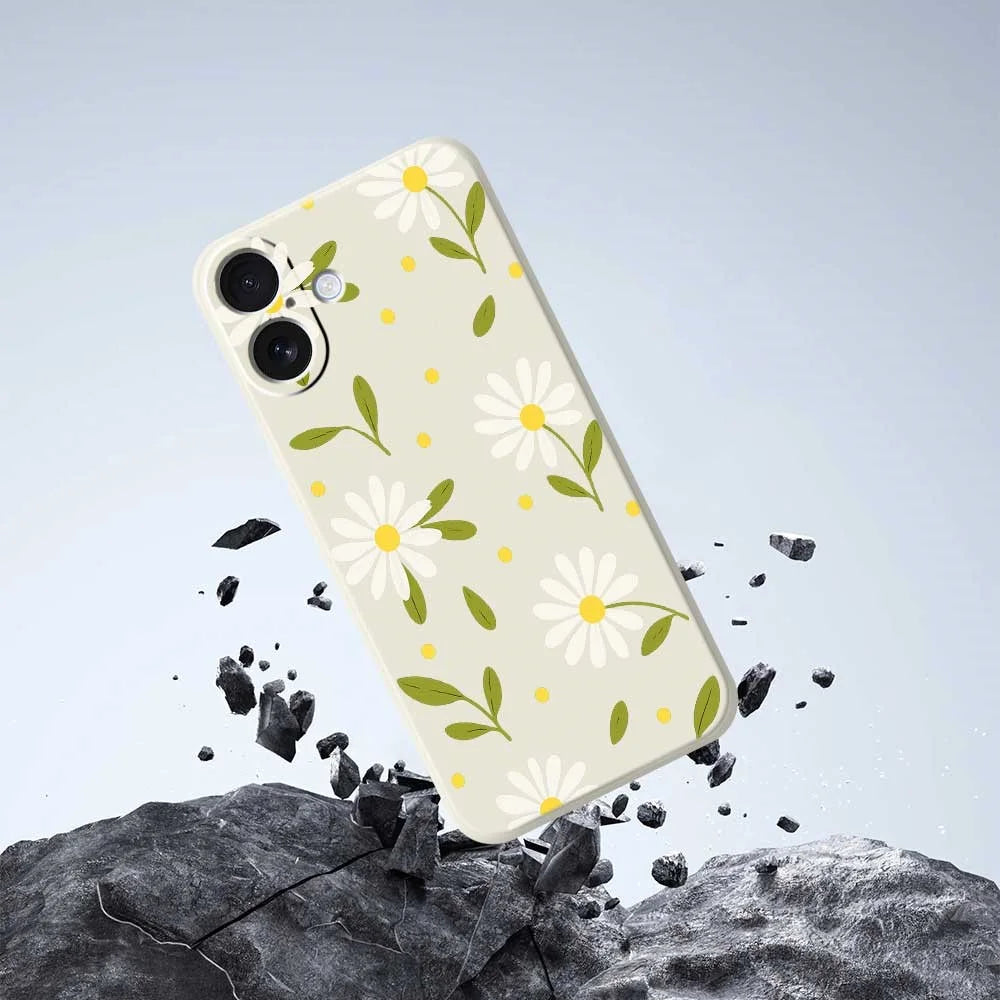 For iPhone 17 Case White Flowers Green Leaves Pattern Printing Straight Edge TPU Phone Back Cover - Beige - 7