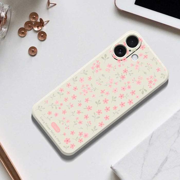 For iPhone 17 Case Pink Small Flowers Pattern Printing Straight Edge TPU Phone Back Cover - Beige - 7