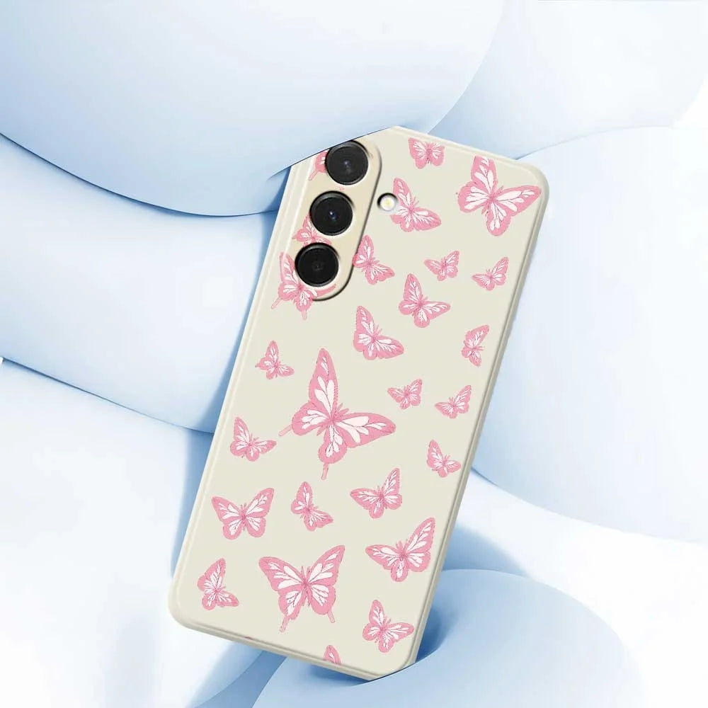 For Samsung Galaxy A36 5G Case Pink Butterflies Pattern Printing Straight Edge TPU Phone Back Cover - Beige - 5