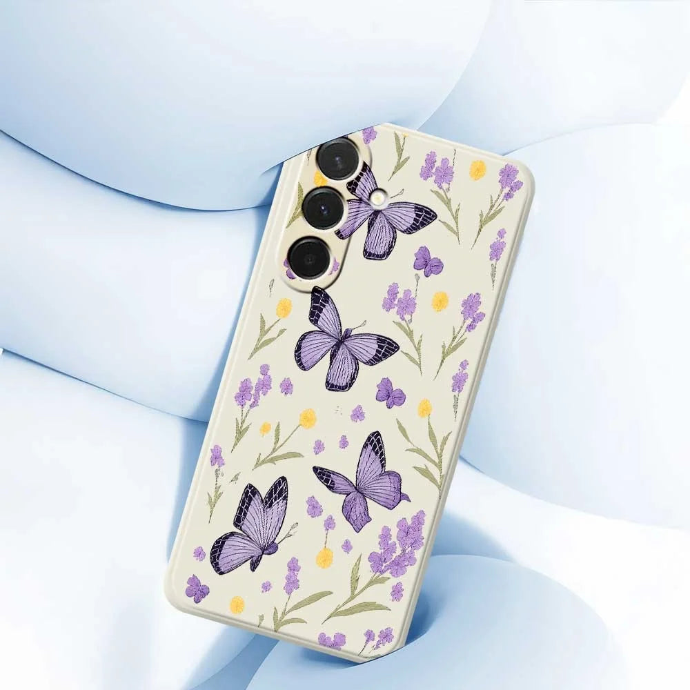 For Samsung Galaxy A36 5G Case Purple Butterflies Pattern Printing Straight Edge TPU Phone Back Cover - Beige - 5