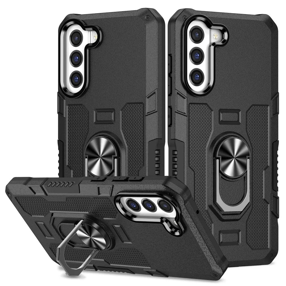 Anti-scratch Phone Cover Kickstand For Samsung Galaxy S21 FE 5G, Protective Back Cover with Metal Ring Holder Built-in Metal Sheet - Black - 1