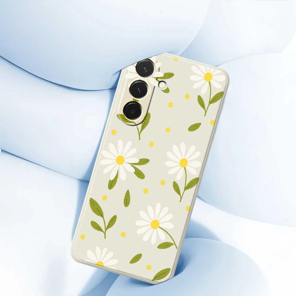 For Samsung Galaxy A36 5G Case White Flowers Green Leaves Pattern Printing Straight Edge TPU Phone Back Cover - Beige - 5