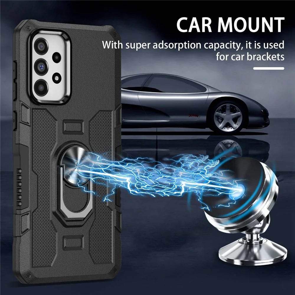 For Samsung Galaxy A73 5G Shockproof PC + TPU Phone Cover Kickstand with Ring Holder Built-in Metal Sheet - Black - 5