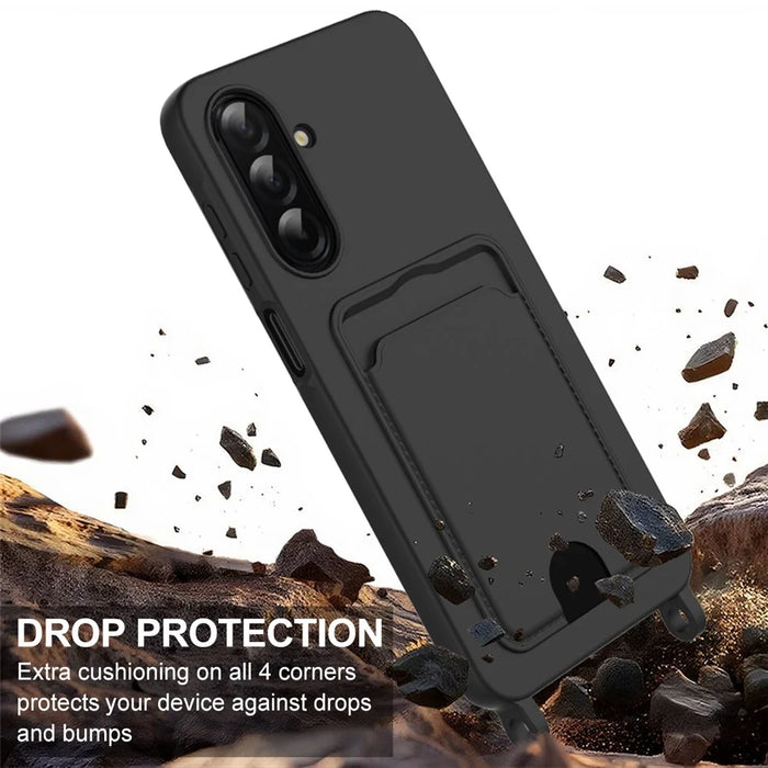 For Samsung Galaxy A26 5G Liquid Silicone Case Phone Back Cover with Card Holder and Short Strap - Black - 5