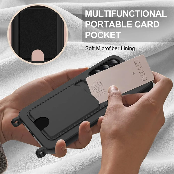 For Samsung Galaxy A26 5G Liquid Silicone Case Phone Back Cover with Card Holder and Short Strap - Black - 6