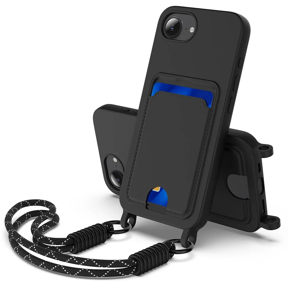 For iPhone 17e / 16e Case Liquid Silicone Card Holder Phone Back Cover with Short Strap - Black - 1