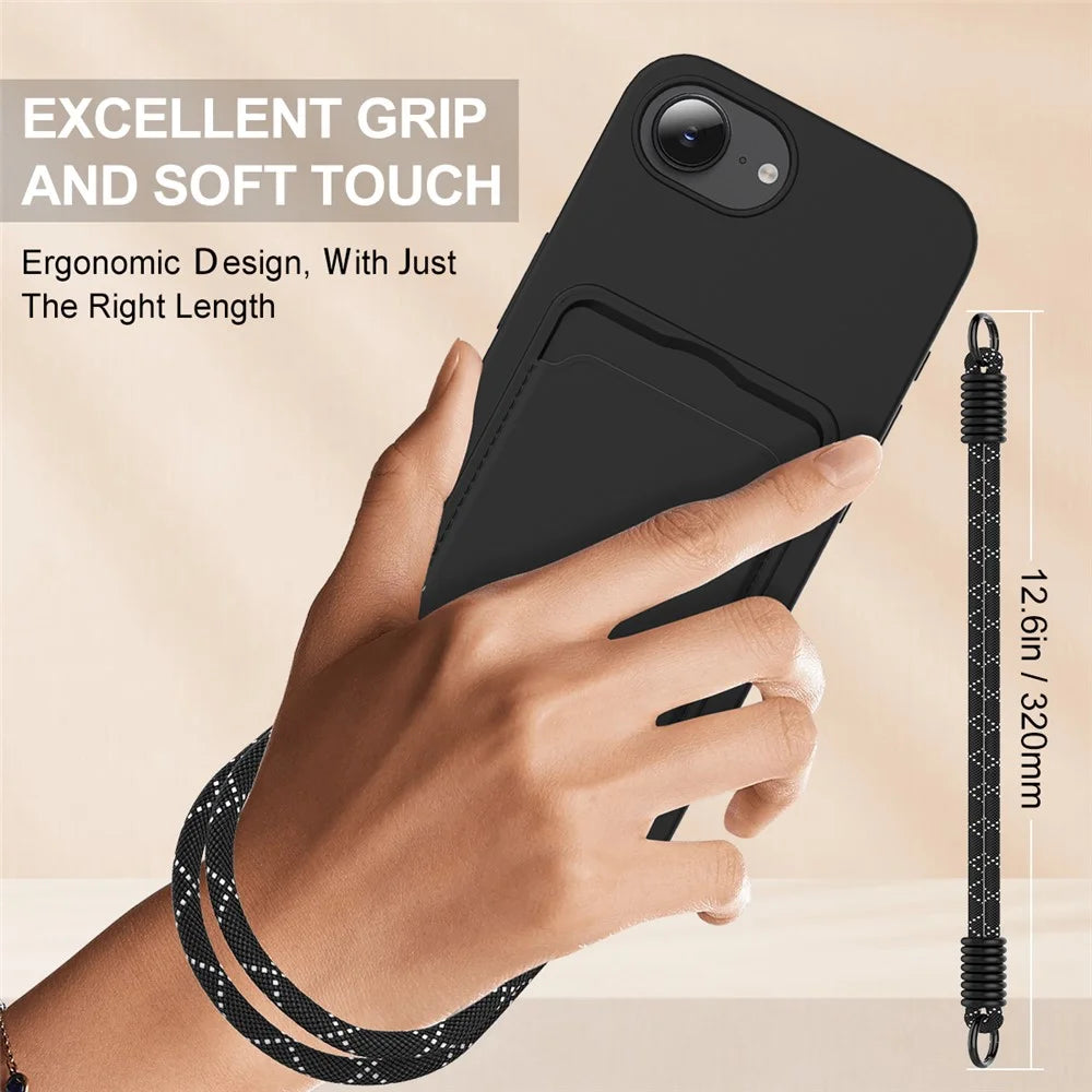 For iPhone 17e / 16e Case Liquid Silicone Card Holder Phone Back Cover with Short Strap - Black - 3