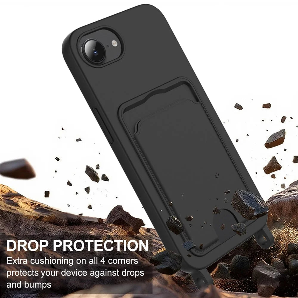 For iPhone 17e / 16e Case Liquid Silicone Card Holder Phone Back Cover with Short Strap - Black - 5