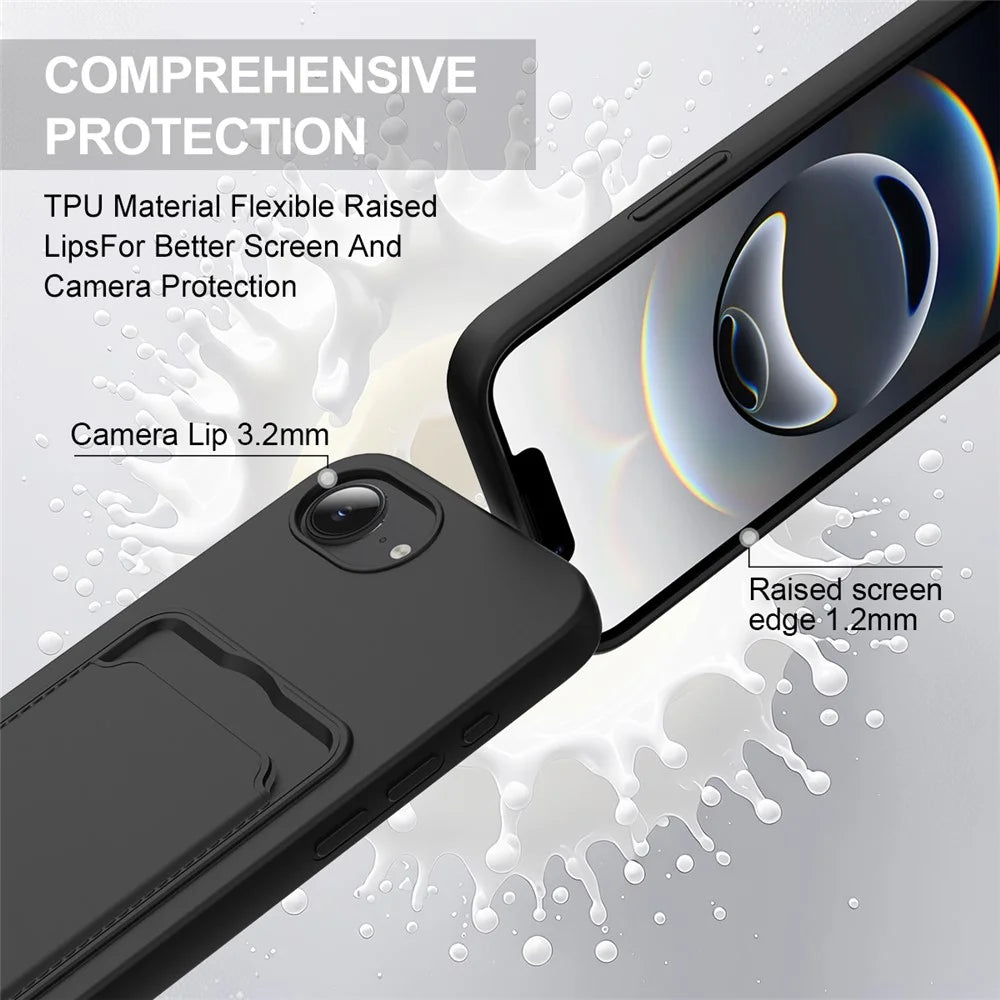 For iPhone 17e / 16e Case Liquid Silicone Card Holder Phone Back Cover with Short Strap - Black - 7