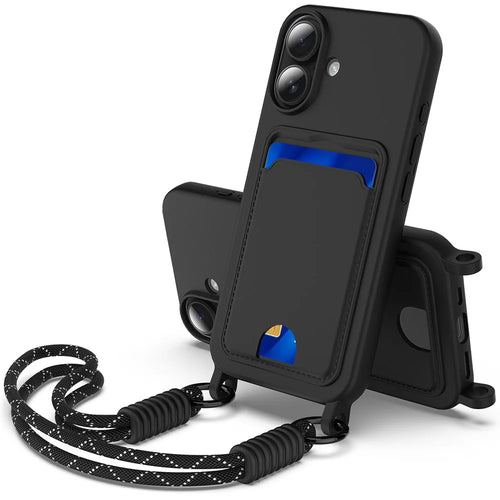 For iPhone 16 Case Liquid Silicone Card Holder Phone Back Cover with Short Strap - Black - 1