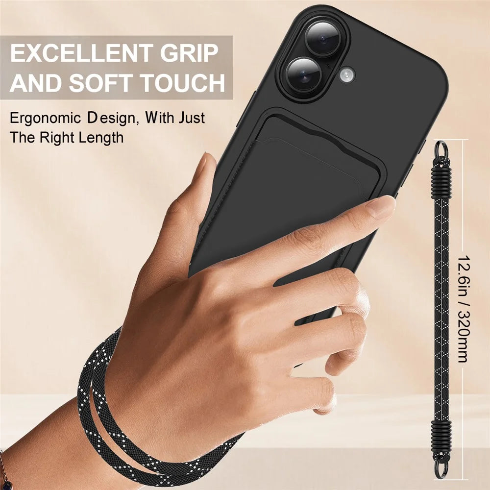 For iPhone 16 Case Liquid Silicone Card Holder Phone Back Cover with Short Strap - Black - 3