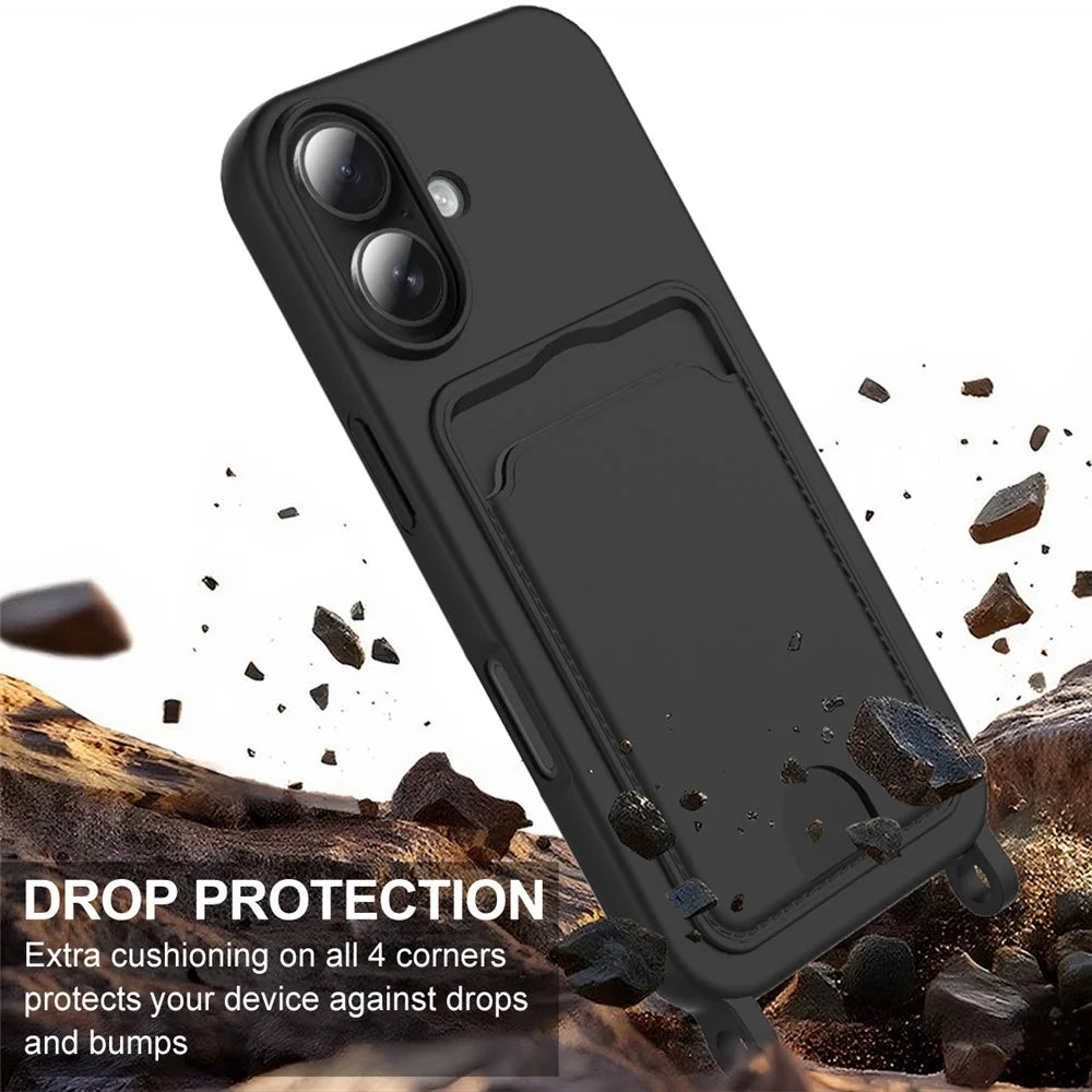 For iPhone 16 Case Liquid Silicone Card Holder Phone Back Cover with Short Strap - Black - 5