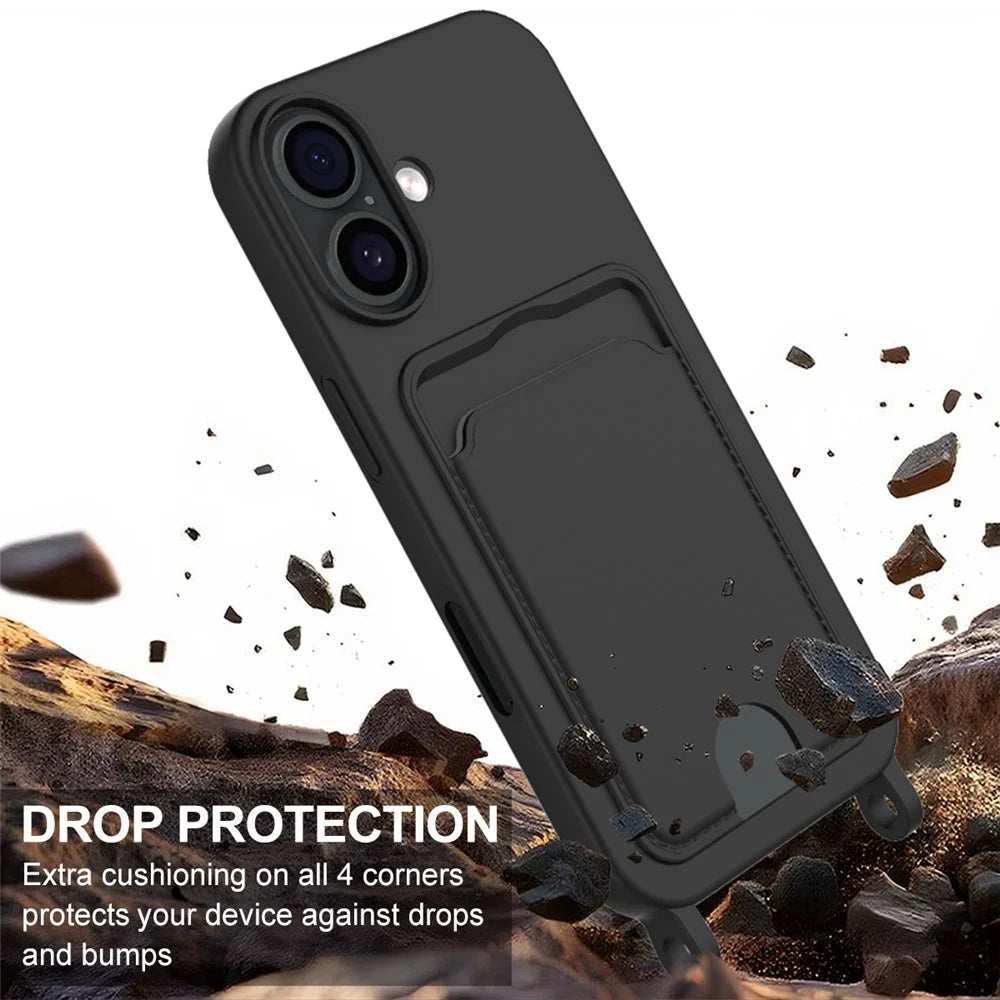 For iPhone 17 Case Liquid Silicone Card Holder Phone Back Cover with Short Strap - Black - 5