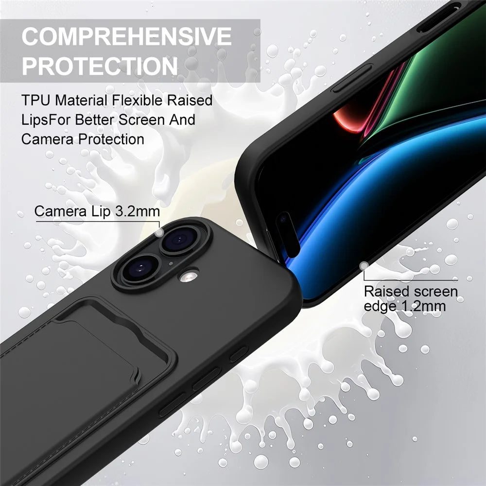 For iPhone 17 Case Liquid Silicone Card Holder Phone Back Cover with Short Strap - Black - 7