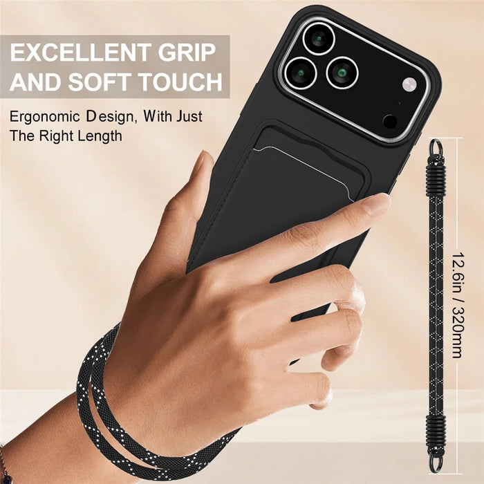For iPhone 17 Pro Case Liquid Silicone Card Holder Phone Back Cover with Short Strap - Black - 3