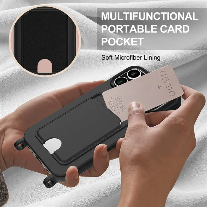 For iPhone 17 Pro Case Liquid Silicone Card Holder Phone Back Cover with Short Strap - Black - 6