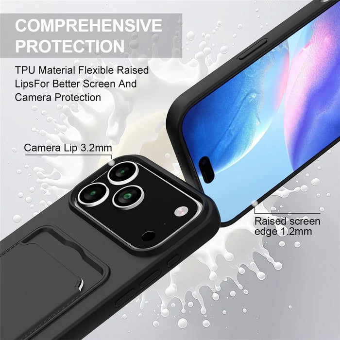 For iPhone 17 Pro Case Liquid Silicone Card Holder Phone Back Cover with Short Strap - Black - 7