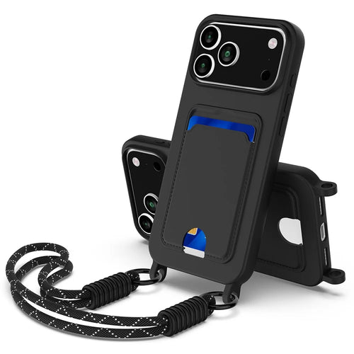 For iPhone 17 Pro Max Case Liquid Silicone Card Holder Phone Back Cover with Wrist Strap - Black - 1