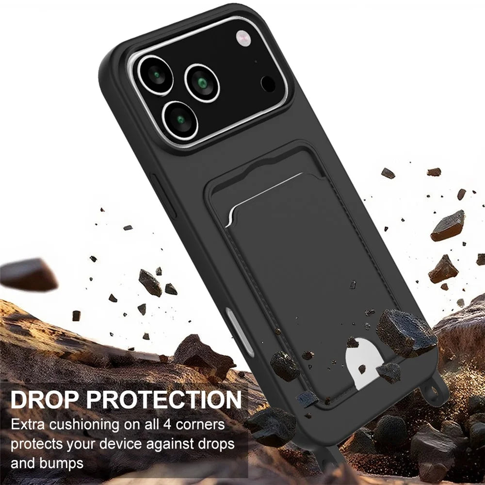 For iPhone 17 Pro Max Case Liquid Silicone Card Holder Phone Back Cover with Wrist Strap - Black - 5