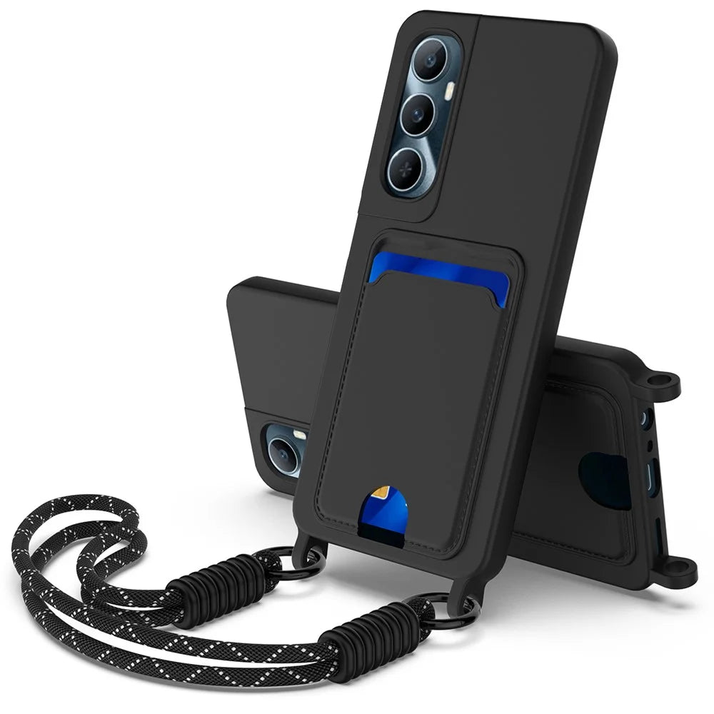 For Realme C65 4G Case Liquid Silicone Card Holder Phone Back Cover with Short Strap - Black - 1