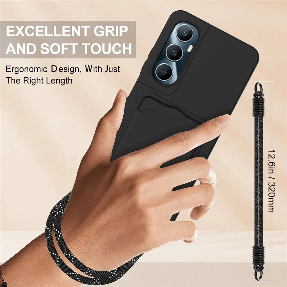 For Realme C65 4G Case Liquid Silicone Card Holder Phone Back Cover with Short Strap - Black - 3