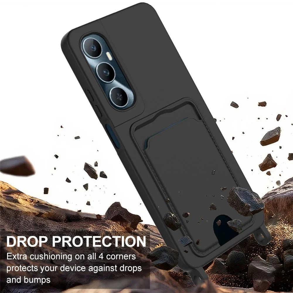 For Realme C65 4G Case Liquid Silicone Card Holder Phone Back Cover with Short Strap - Black - 5