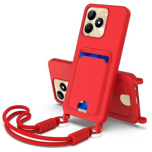 Liquid Silicone Case For Realme Narzo N53 4G  /  C53 (Global)  /  (India)  /  C51  /  Note 50 4G Card Holder Phone Back Cover with Short Strap - Red - 1