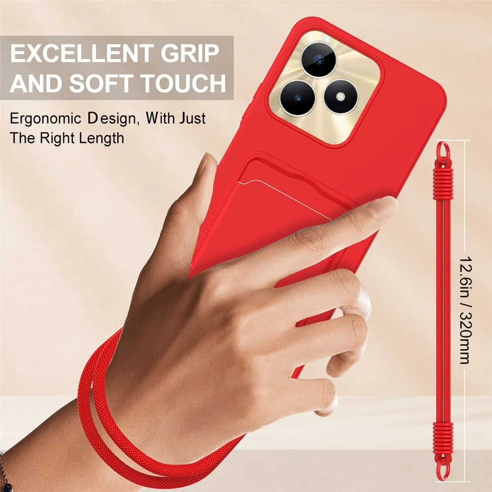 Liquid Silicone Case For Realme Narzo N53 4G  /  C53 (Global)  /  (India)  /  C51  /  Note 50 4G Card Holder Phone Back Cover with Short Strap - Red - 3