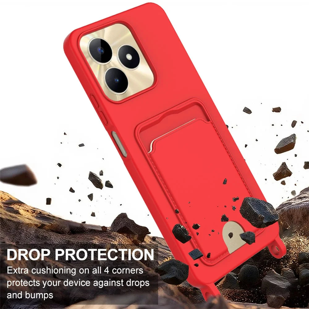 Liquid Silicone Case For Realme Narzo N53 4G  /  C53 (Global)  /  (India)  /  C51  /  Note 50 4G Card Holder Phone Back Cover with Short Strap - Red - 5