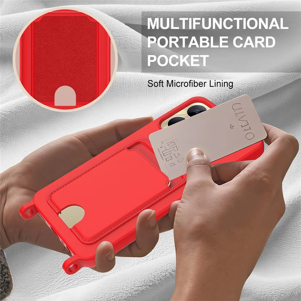 Liquid Silicone Case For Realme Narzo N53 4G  /  C53 (Global)  /  (India)  /  C51  /  Note 50 4G Card Holder Phone Back Cover with Short Strap - Red - 6