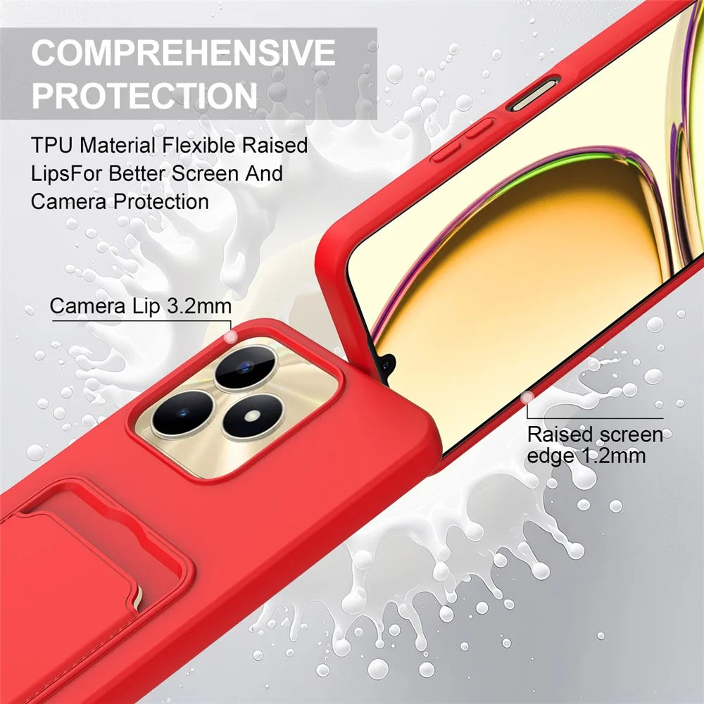 Liquid Silicone Case For Realme Narzo N53 4G  /  C53 (Global)  /  (India)  /  C51  /  Note 50 4G Card Holder Phone Back Cover with Short Strap - Red - 7