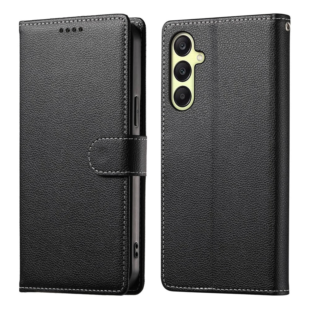 For Samsung Galaxy A18 5G / A18 4G / A17 5G / A17 4G / A26 5G Case Magnetic Snap Litchi Texture Leather Wallet Phone Cover with Wrist Strap - Black - 1