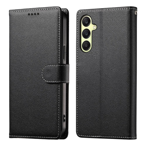 For Samsung Galaxy A18 5G / A18 4G / A17 5G / A17 4G / A26 5G Case Magnetic Snap Litchi Texture Leather Wallet Phone Cover with Wrist Strap - Black - 1
