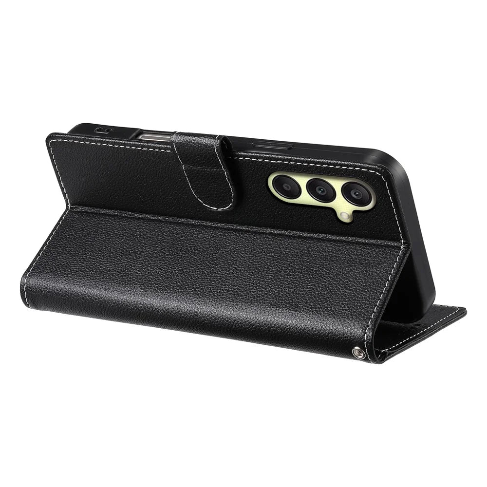 For Samsung Galaxy A18 5G / A18 4G / A17 5G / A17 4G / A26 5G Case Magnetic Snap Litchi Texture Leather Wallet Phone Cover with Wrist Strap - Black - 3