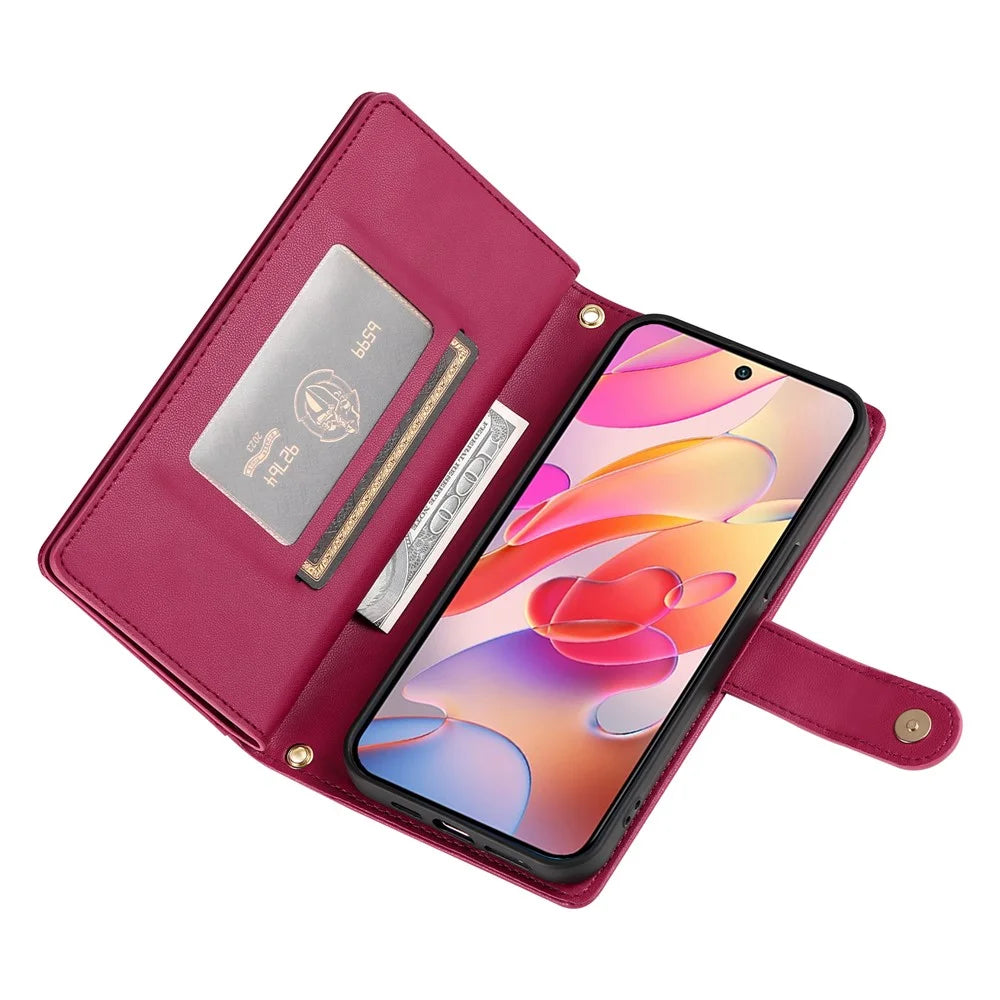 For Samsung Galaxy A18 5G / A18 4G / A17 5G / A17 4G / A26 5G Case Zipper Pocket Wallet Leather Phone Cover with Straps - Red - 3