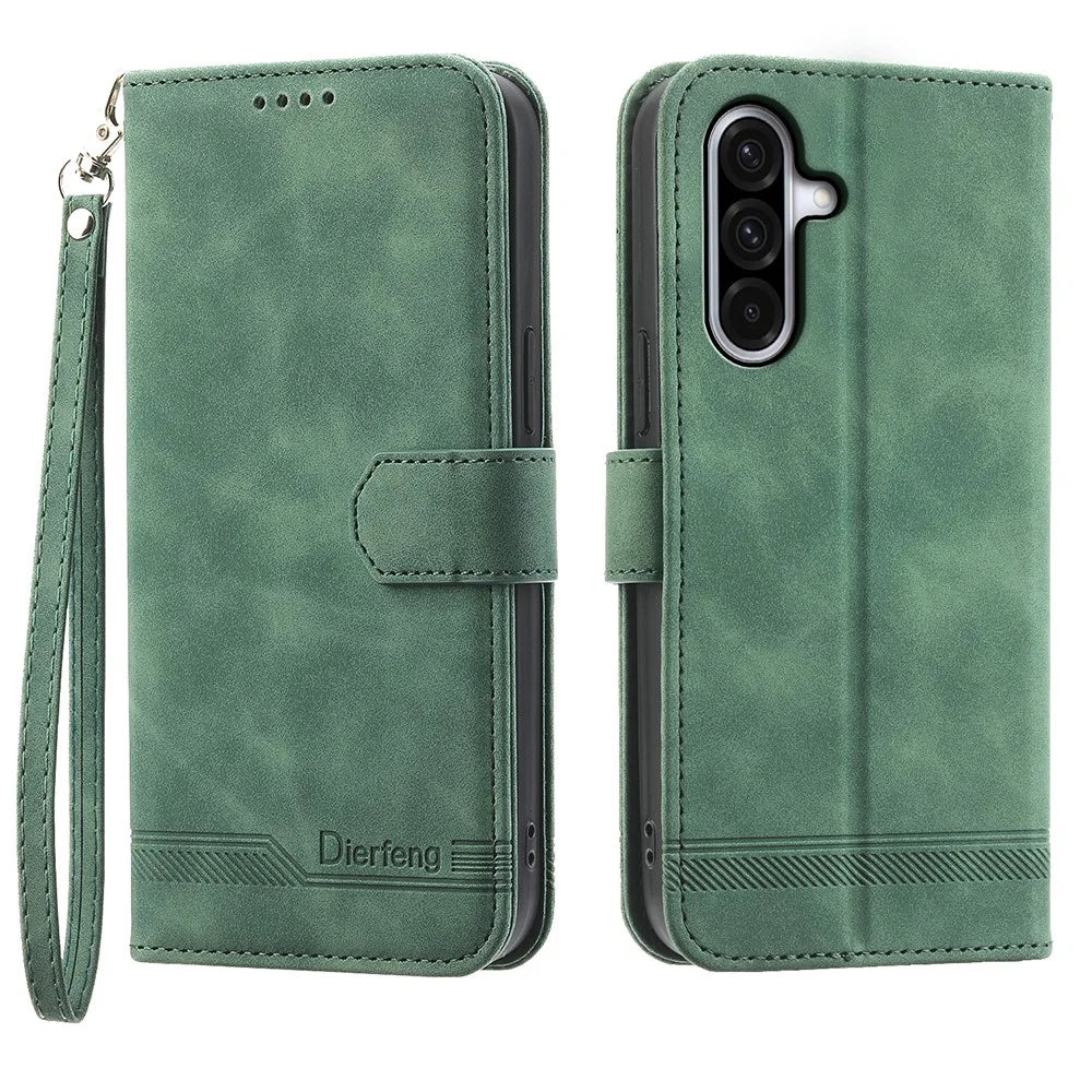 DIERFENG DF-03 For Samsung Galaxy A18 5G / A18 4G / A17 5G / A17 4G / A26 5G Case Lines Imprint Wallet Leather Phone Cover with Wrist Strap - Green - 1