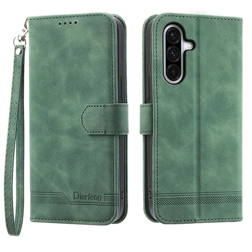 DIERFENG DF-03 For Samsung Galaxy A18 5G / A18 4G / A17 5G / A17 4G / A26 5G Case Lines Imprint Wallet Leather Phone Cover with Wrist Strap - Green - 1