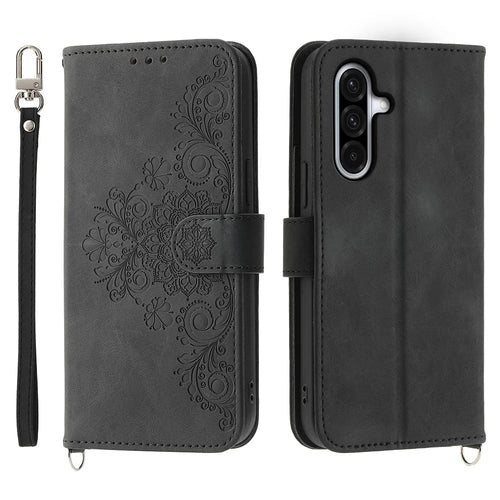 For Samsung Galaxy A18 5G / A18 4G / A17 5G / A17 4G / A26 5G Case Flower Pattern PU Leather Wallet Phone Cover with Strap - Black - 1