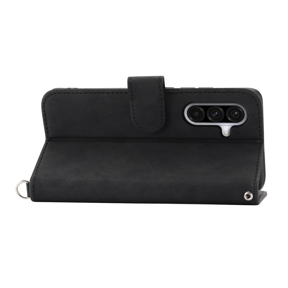 For Samsung Galaxy A18 5G / A18 4G / A17 5G / A17 4G / A26 5G Case Flower Pattern PU Leather Wallet Phone Cover with Strap - Black - 2