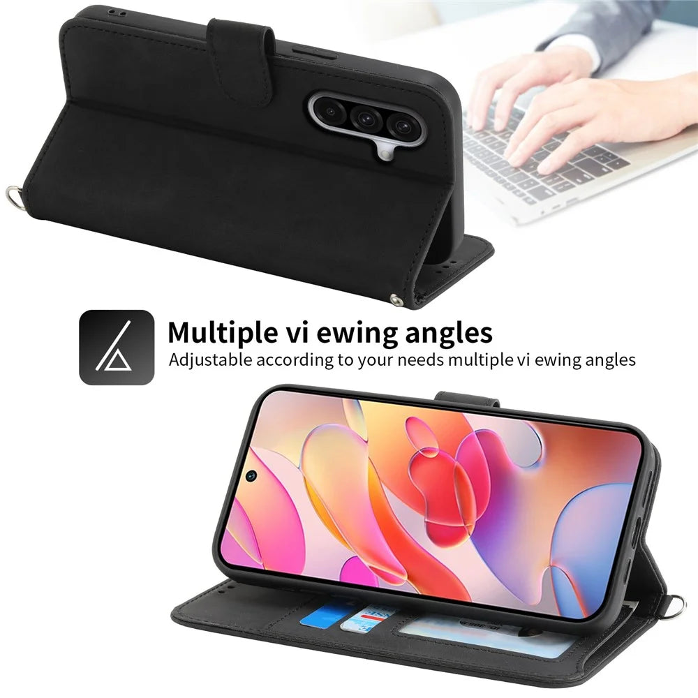 For Samsung Galaxy A18 5G / A18 4G / A17 5G / A17 4G / A26 5G Case Flower Pattern PU Leather Wallet Phone Cover with Strap - Black - 5