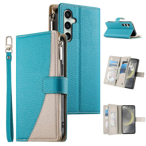 For Samsung Galaxy S25 FE Case Zipper Wallet Color Splicing Leather Flip Phone Cover with Straps - Lake Blue - 1