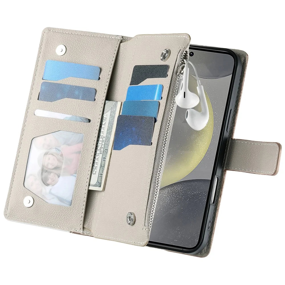 For Samsung Galaxy S25 FE Case Zipper Wallet Color Splicing Leather Flip Phone Cover with Straps - Lake Blue - 6
