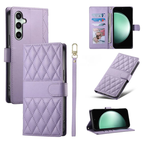 For Samsung Galaxy S25 FE Case Rhombus Stitching Wallet Stand Leather Phone Cover with Long  /  Short Strap - Purple - 1