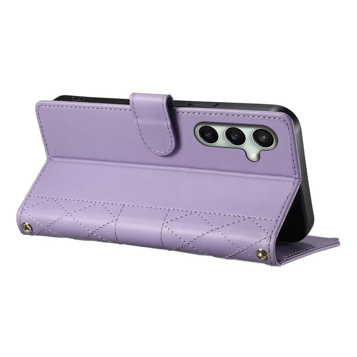 For Samsung Galaxy S25 FE Case Rhombus Stitching Wallet Stand Leather Phone Cover with Long  /  Short Strap - Purple - 4
